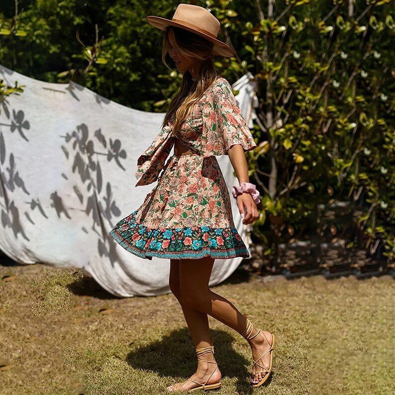 New Summer Short Dress Women Flare Sleeve Bohemian Print Above Knee Mini Lace Up Print Dress AnwarDZ