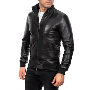 Rindway Blouson Bomber en Cuir Véritable Noir pour Homme avec Jersey et Col en Cuir