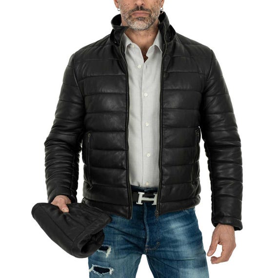 slim fit leather puffer jacket mens