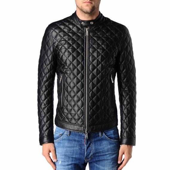 Rindway Men s Black Genuine Leather Biker Jacket Quilted Diamond Etsy Canada