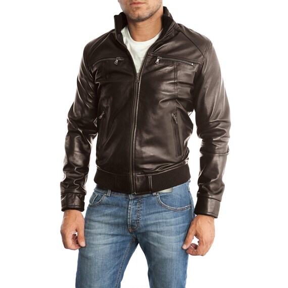 Men's Blue Genuine Leather Bomber Jacket With Chest Zippers and