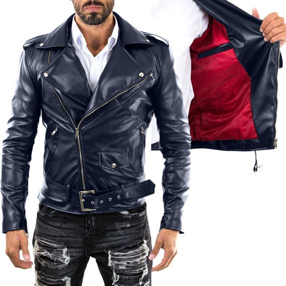 Rindway Men s Blue Genuine Leather Biker Jacket Slim Red Interior Etsy