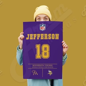 Justin Jefferson Jersey Art American Football Poster, Canvas Wall Art, Minnesota Vikings NFL Wall Art, Man Cave, Kids Decor, Wall Decor