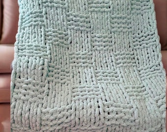 chunky fuzzy hand knit chenille throw blanket Lapghan/Throw Basketweave spa blue