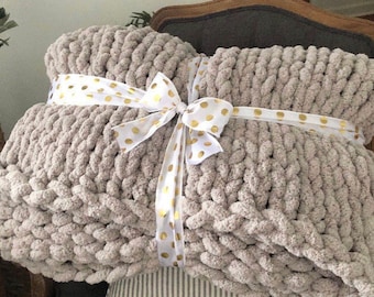 Large chunky fuzzy hand knit chenille throw blanket ( available in a variety of colors)