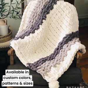 Hand Knit Chenille Throw Blanket: Chunky Fuzzy Blanket