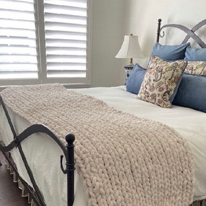 X Large chunky fuzzy hand knit King bed runner 30x 94