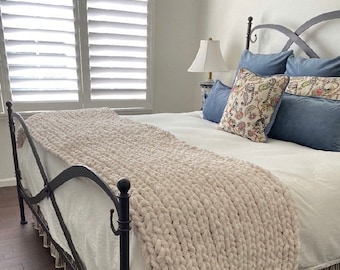 X Large chunky fuzzy hand knit King bed runner 30x 94