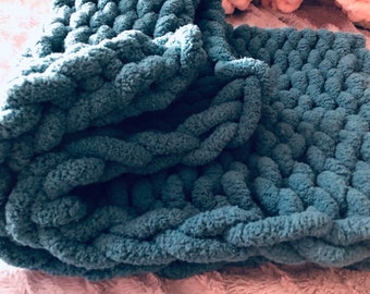 chunky fuzzy hand knit chenille throw blanket available in a variety of colors