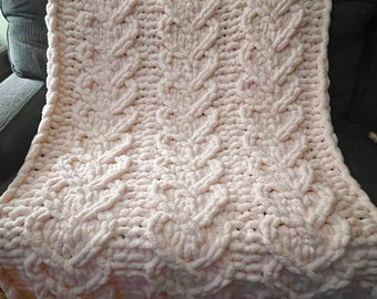 Valentine’s Day - chunky fuzzy hand knit chenille throw blanket Lapghan/Throw Heart Cable, gift for her, sweetheart gift, unique gift