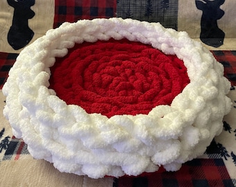 chunky knit, fuzzy hand knit chenille cat bed, round cat mat, round cat bed ( available in a variety of colors)