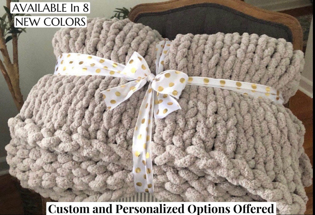 chunky fuzzy hand knit chenille throw blanket ( available in a variety of colors)