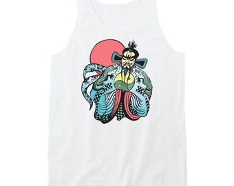 May include: White tank top with a colorful illustration of a cartoon character with a red sun behind it. The character is wearing a blue and green robe with a dragon design and has a black mask and mustache.