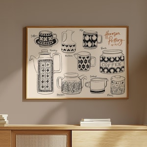 May include: A framed print showcasing Hornsea Pottery designs in black and white. The print includes teacups, teapots, and jars, with "Hornsea Pottery" in orange script. The print is displayed on a wooden cabinet, a classic piece of furniture.