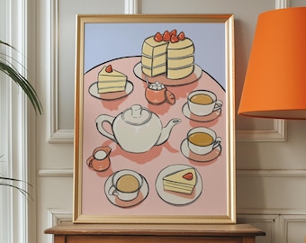 Tea & Cake Art Print | Kitchen Wall Art | Tea Lover Gift | Afternoon Tea Illustration | Colourful Kitchen Decor | Cosy Cafe Wall Art