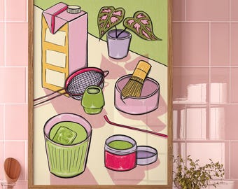 Matcha Art Print | Pink Kitchen Wall Art | Matcha Lover Gift | Coffee Bar Decor | Tea Lover Gift | Colourful Kitchen Print | Café Wall Art