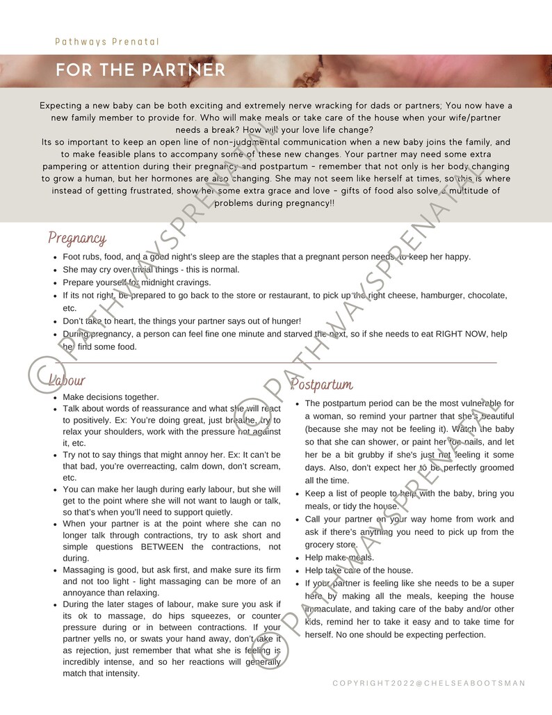 For the Partner Printable Handout for Pregnant Women, Birth Workers ...