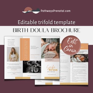 Doula trifold brochure Canva template for Birth Doulas / Birthkeepers. Doula tools for business growth and marketing.