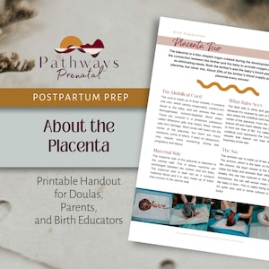 Puede incluir: Un folleto imprimible de Pathways Prenatal, titulado "Acerca de la Placenta". El documento está diseñado para doulas, padres y educadores de nacimiento. Incluye información sobre el cordón umbilical, el lado materno y el saco.