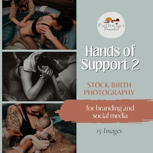 Könnte beinhalten: Eine Collage aus drei Bildern, die Unterstützung bei der Geburt zeigen. Die Bilder zeigen eine Frau in den Wehen, mit unterstützenden Händen von anderen. Der Text "Hands of Support 2" und "STOCK BIRTH PHOTOGRAPHY" ist sichtbar. Die Bilder sind für Branding und soziale Medien.