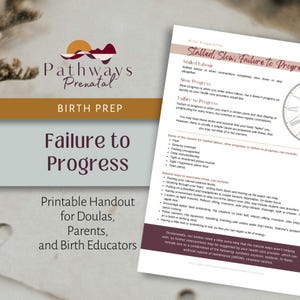 May include: A printable handout titled "Failure to Progress" from Pathways Prenatal. The document is designed for doulas, parents, and birth educators. The design includes a logo with a sun and mountain graphic, and text about birth preparation.