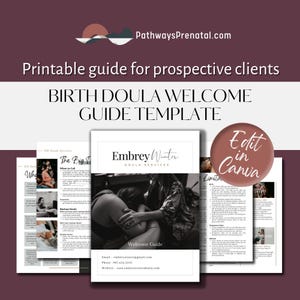 Birth Doula Welcome Guide, contract, and intake form Canva template. Editable and printable client guide.