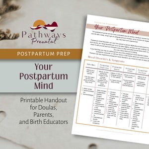 May include: A printable handout titled "Your Postpartum Mind" for doulas, parents, and birth educators. The document includes information on postpartum mood disorders and symptoms, with a logo featuring a sun and mountains.