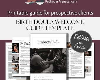 Birth Doula Welcome Guide Canva template. Editable and printable client guide.