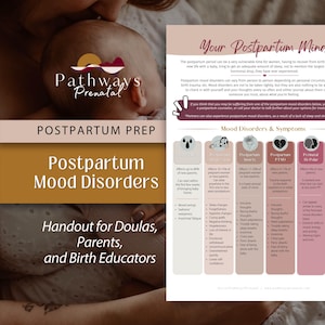 May include: A digital handout titled Postpartum Mood Disorders featuring a chart of symptoms for baby blues, postpartum depression, anxiety, PTSD, and perinatal bipolar disorder. The document uses a muted color palette with text and icons.