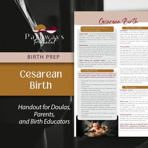 May include: A digital handout titled Cesarean Birth from Pathways Prenatal. The document features sections on common reasons for a cesarean section, the procedure, getting ready, and recovery, with text detailing medical steps for birth preparation.