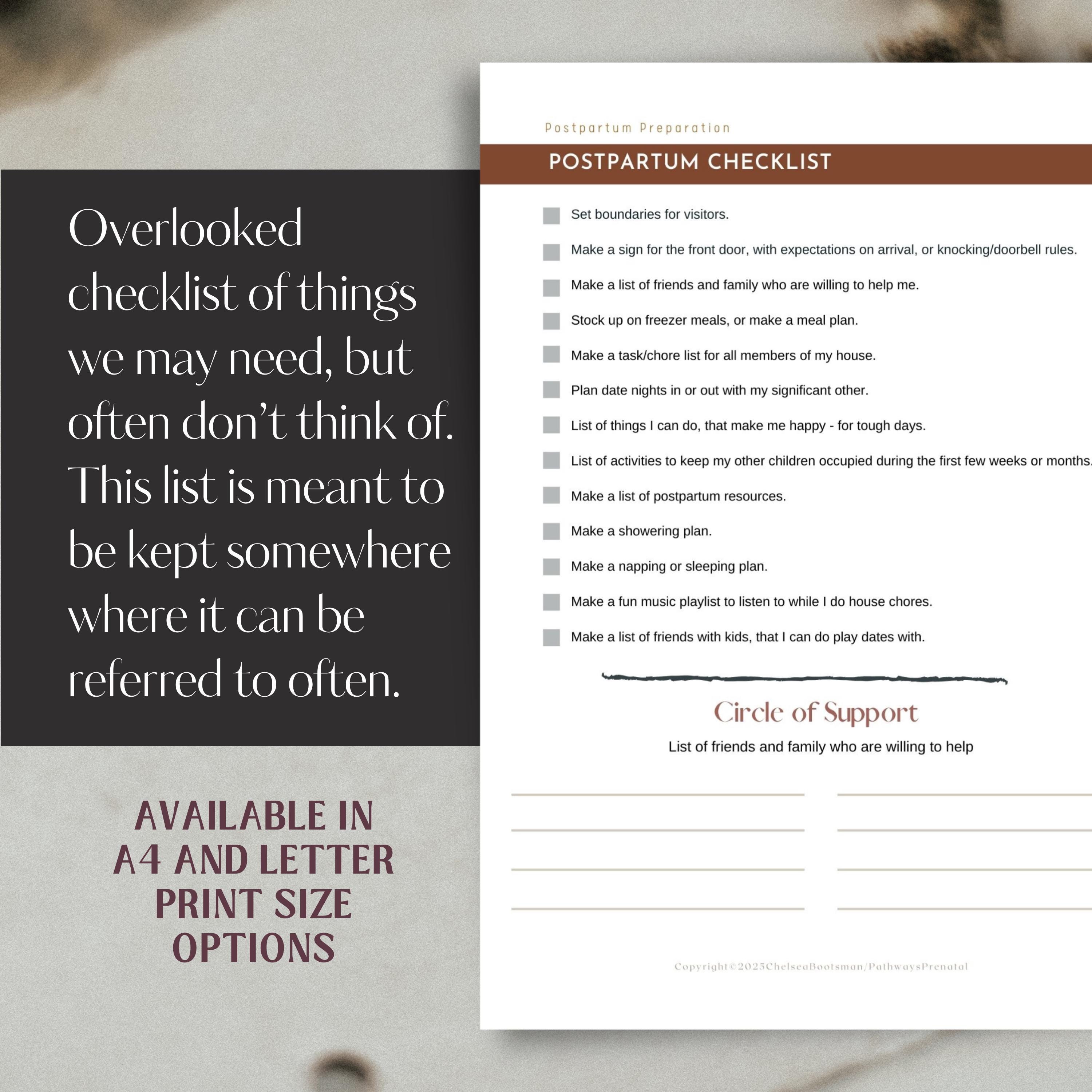 Postpartum Checklist Printable Handout for Pregnant Women, Birth ...