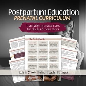 May include: A collection of educational documents titled Postpartum Education Prenatal Curriculum, featuring a grid layout on the central page titled The Fourth Trimester. The pages include text about postpartum care, baby feeding, and recovery.