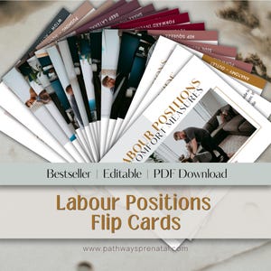 Könnte beinhalten: Eine Fächerkarte mit Flip-Karten mit Titeln wie "Labour Positions Comfort Measures". Die Karten zeigen Bilder und Texte wie "Deep Lateral" und "Forward Inversion". Der Text "Bestseller | Editable | PDF Download" ist ebenfalls sichtbar.