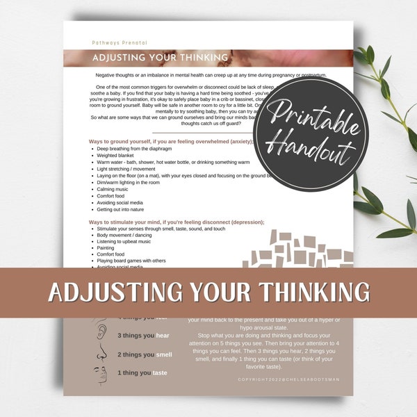 Adjusting Your Thinking postpartum prep printable handout for pregnant women, birth workers and childbirth educators.