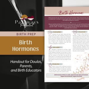 May include: An educational handout titled Birth Hormones by Pathways Prenatal. The document features sections on Endorphins, Oxytocin, Adrenaline, and Prolactin, explaining their roles in labor. It includes chemical structure illustrations and text.