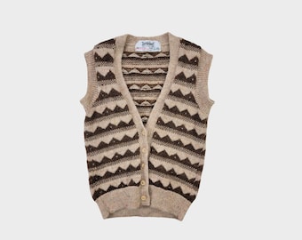 Vintage 80s 100% Virgin Wool Hand Knit Beige Brown Vest