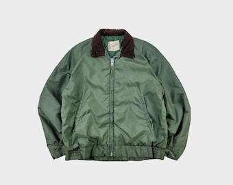 Vintage 70s Quilt-Lined Green Bomber Style Nylon Insulated Sportcaster Jacket / Corduroy Collar / Talon Zipper