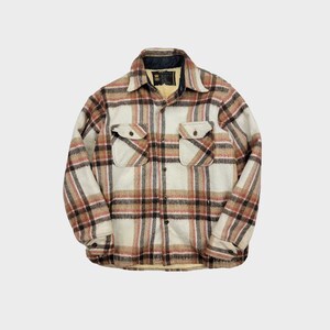 May include: A white, brown, and red plaid flannel shirt with a button-up front and two chest pockets.