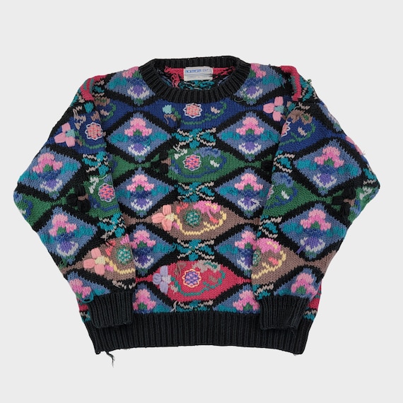 Vintage 90s Hand Knit Chunky Flower Sweater / Mut… - image 1