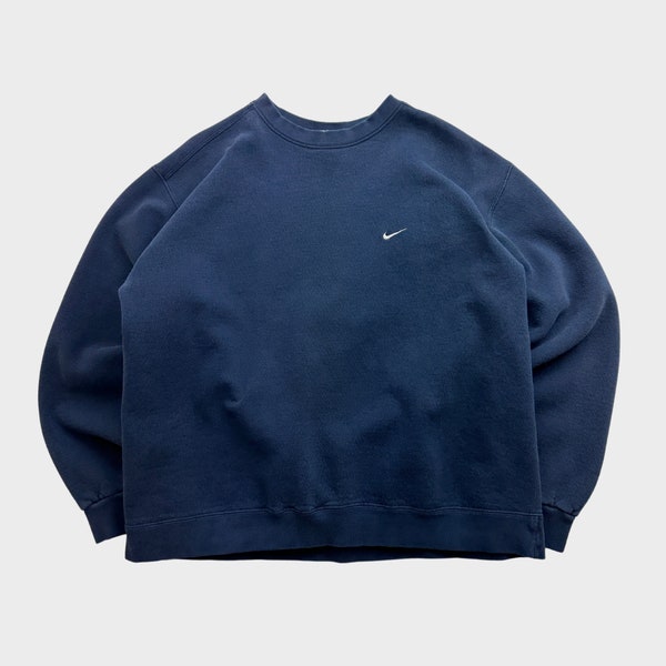 Vintage 90s Nike Small Swoosh Embroidered Navy Boxy Cozy Crewneck Sweatshirt