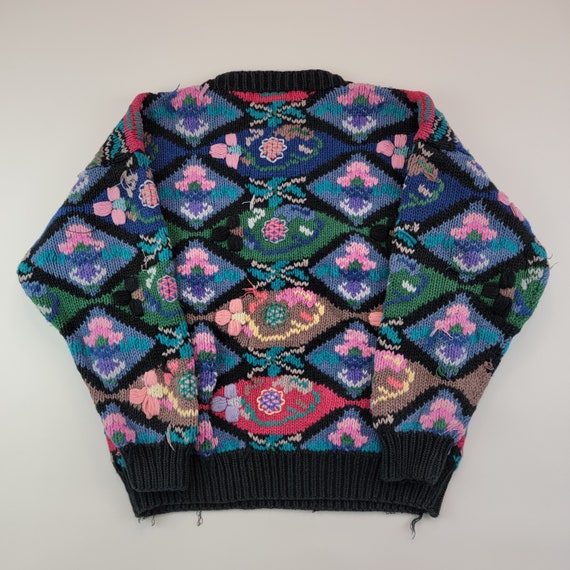 Vintage 90s Hand Knit Chunky Flower Sweater / Mut… - image 2