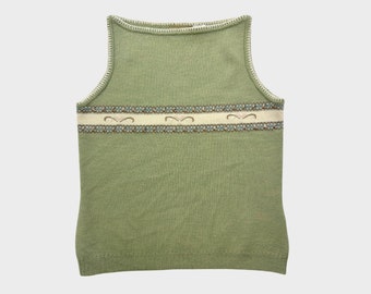 Vintage 90s Liz Claiborne Wool Blend Croquette Floral Ribbon Muted Green Knit Tank Top