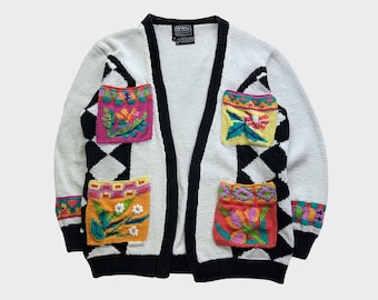 Pull cardigan en tricot à la main Funky Berek à carreaux, fleuri et à carreaux, vintage des années 90