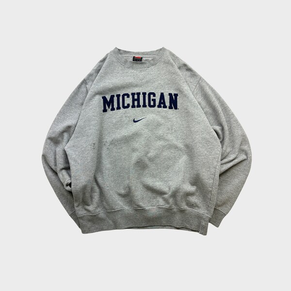 Vintage 90s University of Michigan Wolverines Nike Mid Swoosh Embroidered Gray Crewneck Sweatshirt