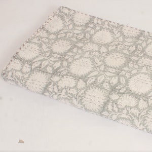 Gray & White Floral Kantha Quilt - Block Print Cotton Blanket - Handmade Bedding - Bohemian Decor