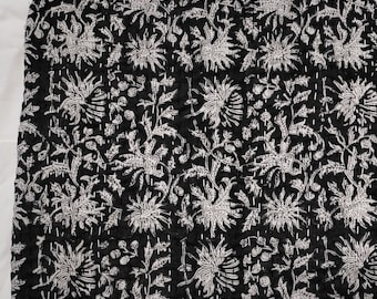Black Floral Cotton Quilt Indian Kantha Handmade Block Print Bedspread, Reversible Indian Blanket Jaipur