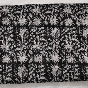 Black and White Floral Indian Kantha Quilt Handmade Cotton Bedspread Hand-Stitched Indian Quilt Lightweight Boho Bedding Blanket