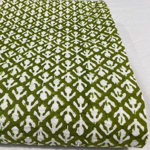 Green Handmade Kantha Quilt with Block Print, Cotton Bedspread, Indian Hand-Stitched Floral Throw for Boho Bedding Decor