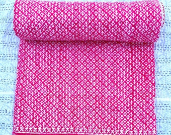 Handmade Blanket Pink Floral Block Print Indian Kantha Quilt – Handmade Pure Cotton Throw Blanket for Bedroom Decor