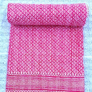 Handmade Blanket Pink Floral Block Print Indian Kantha Quilt – Handmade Pure Cotton Throw Blanket for Bedroom Decor